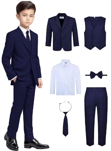 Boy's 6-Piece Formal Suit Set – Includes Suit Jacket, Comfort Waist Dress Pants, Vest, Dress Shirt, Necktie & Bow Tie – Navy Suit, 7