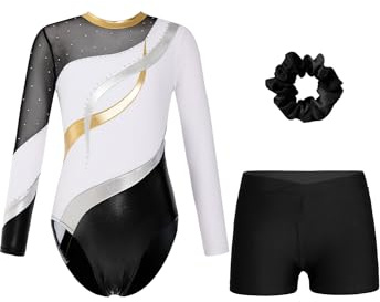 Alvivi Barn flickor gymnastikdräkt glitter gymnastikdräkt med korta byxor hårband långärmad balettdräkt gymnastikbody, gymnastiktröja, konkurrens, danskostym, Vit svart, 134-140