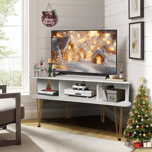 Corner TV Stand for 50 Inch TV, Entertainment Center with Storage Cabinet, Industrial Media Console Table with High Metal Feet and Anti-Slip Pads, TV Stand for Living Room, 50 TV Console, White