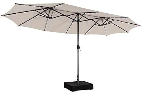 RELAX4LIFE Sonnenschirm mit LED-Solar-Beleuchtung, 48 LED-Lämpchen, Doppelsonnenschirm mit Handkurbel, Marktschirm 450 x 260 cm, Gartenschirm Terrassenschirm Sonnenschutz (Beige, Mit Ständer)