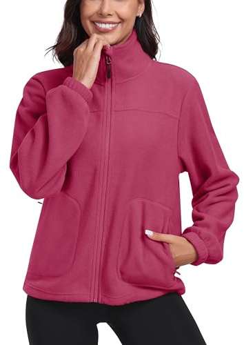 MoFiz Cuello Alto Sudadera Ligera de Forro Polar para Mujer, Chaqueta de Forro Polar para Mujer con Cremallera Completa, Chaqueta de Mujer para Correr Rosa Rojo XXL