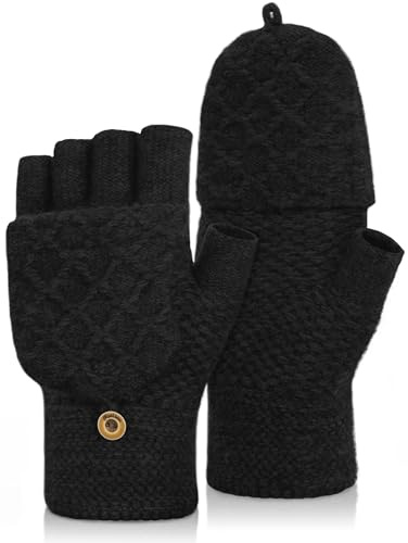 MELLIEX Mitaine Femme Homme Hiver Chaud, Gants Sans Doigts, Convertibles Moufles avec Rabat, Noir