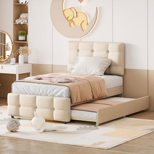 MURUL Lettino imbottito 90 x 200 cm, letto estraibile, imbottitura in lino delicato sulla pelle, testiera regolabile, letto singolo, colore beige