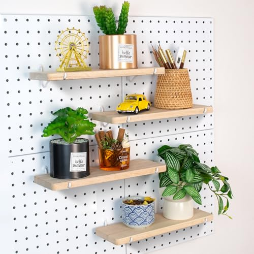 SEMPOMA 4 x Solid Wood Pegboard Shelf with Pegboard Hooks, Anti-Tilt Design, Pegboard Accessory Shelf for Craft Room, Garage, Gaming Room