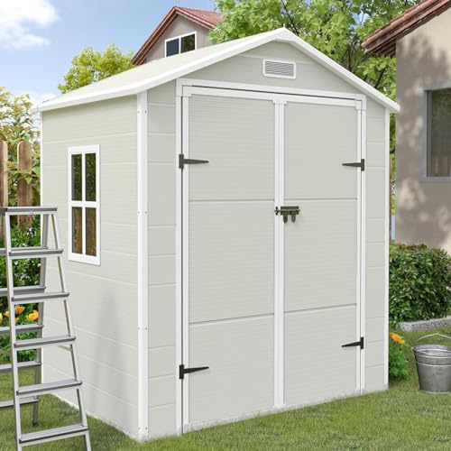 Amopatio Trädgårdshus väderbeständig 3,9 m³, yttermått: B x D x H:183 x 137 x 210 cm plastharts, fönster, cykelgarage, utomhusförvaring för papperskorg bakgård, trädgård, sandsten