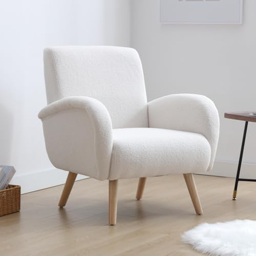Ya-Home Fauteuil de Salon Moderne avec Pied Bois Fauteuil Scandinave en Fausse Fourrure, Chaise pour Salon Confortable, Blanc