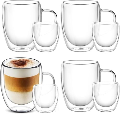 YIK TUNG Tazas de Café de Cristal, juego de 8 unidades, Vasos de Espresso de Doble Pared con Asa, 350ML&80ML, Tazas de Vidrio Borosilicato para Té, apto para lavavajilla