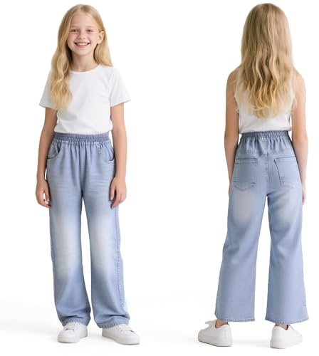 Baogaier Jeans Ragazze Baggy Loose Fit Morbidi Pantaloni per 6-14 Anni | con Elasticizzati Vita, Lunghi Pantalone Bambina, Gamba Larga, Denim Pants, Classic Versatile Moda Vestiti per Casual Scuola