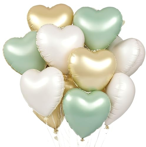 Herz Folienballons, 18 Zoll Herz Helium Luftballons,Herzluftballons Beige Grün Gold,Hochzeit Herzballons Herzform Folienluftballon, Herzluftballons Valentinstag Geburtstag Verlobung Muttertag