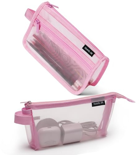 Paquete de 2 estuches de malla con asa y cremallera, bolsa transparente de doble capa, bolsa de maquillaje de viaje y pequeña bolsa de aseo para bolso, bolsa de marcadores, suministros escolares