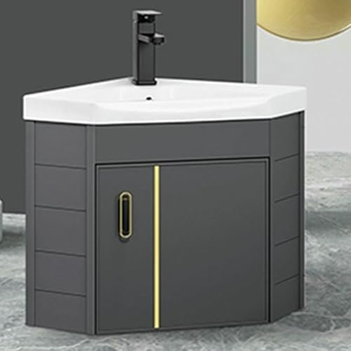 Lavandino da bagno ad angolo, mobile da bagno ad angolo con montaggio a parete triangolare, lavaggio in ceramica B con contenitore, armadietti per lavandino da bagno per piccoli spazi (48 cm
