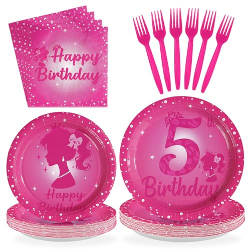 Greencian 96Pcs Pink 5th Birthday Party Decorations 5 Years Old Hot Pink Plates and Napkins Princess Doll Girl Tableware Sets for Kids Girls Baby Shower Happy 5th Birthday Party Supplies Serves 24