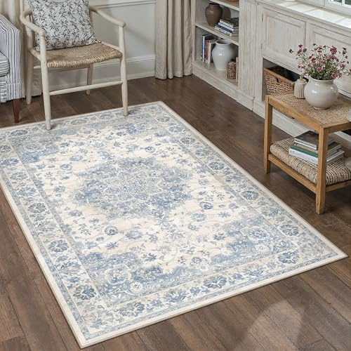 PureCozy Tappeto Salotto Vintage 80x150cm Blu | Tappeto Camera da Letto,Lavabile in Lavatrice,Grandi Tappeti Ufficio,Carpet,Pelo Corto,Antiscivolo,Rug
