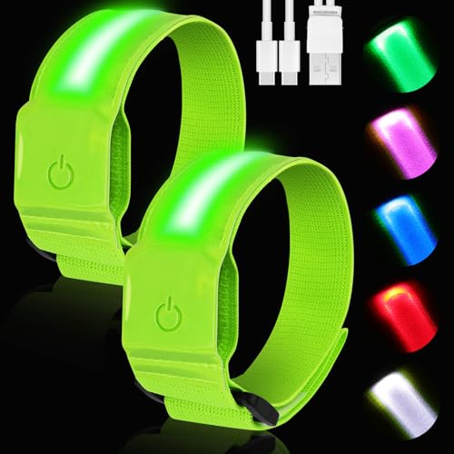 AOOTE LED Bracciale Riflettente, 2 Pezzi Bande Catarifrangenti, Fascia per Braccio di Sicurezza Alta visibilità, 5 Colori e 3 modalità Illuminazione, Regolabile, per Bici, Corsa Notturna, Verde