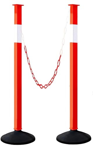 2 Pack Traffic Delineator Post Cones with Weighted Base, Adjustable Orange Safety Cones with Reflective Collars & Plastic Chains, Construction Parking Barrier Cones for Driving Practice Driveway Road