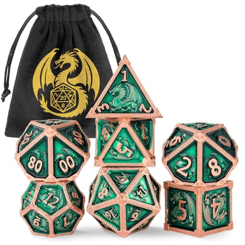 Lot de 7 Dés Polyédriques DND en Métal, Motif de Dragon, D&D RPG Jeux de Rôle, avec Sac Cadeau, Cuivre Rouge + Vert
