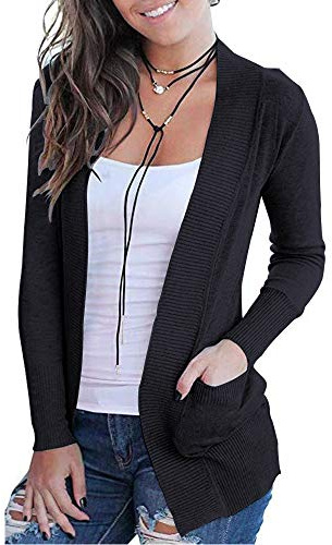 VOIANLIMO Women's Open Front Casual Long Sleeve Knit Classic Black Cardigan Sweaters with Pockets S Size