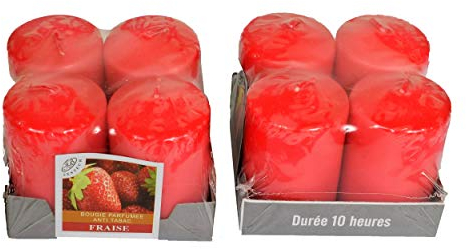 Lot De 8 Bougies Votives Decoratives Parfumées, Anti Tabac, Livré Dans Leur Coffret, Pour La Decoration de L'Intérieur De votre Maison Et pour Créer Une Ambiance. Rouge, Parfum Fraise 4x6cm Duree 10h