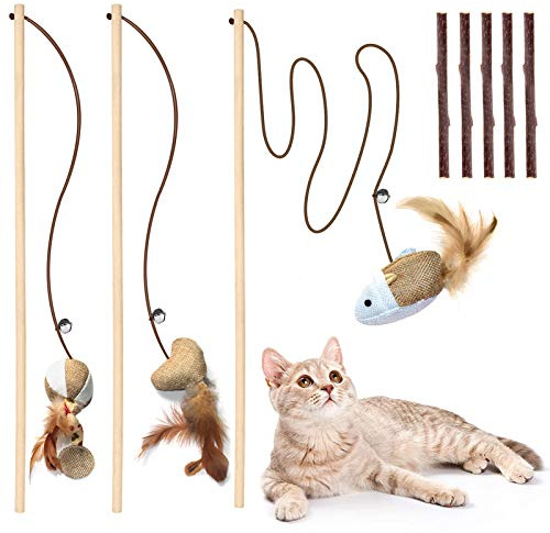 Natural Wood Cat Teaser Wand Toy, 3pcs 16 Inch, Catnip Sticks for Teeth Cleaning, Indoor Cat Exerciser