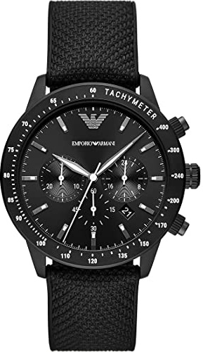 Emporio Armani Orologio da uomo, movimento cronografo, cassa 43 mm in acciaio inossidabile nero con cinturino in tessuto, AR11453, Bianco e nero Jet