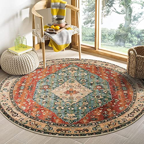 KIMODE Boho Tribal Rund Groß Teppich 120 cm, Bohemian Weicher rutschfest Waschbarer Kurzflor Wohnzimmer Teppiche,Für Eingangsbereich Innen Schlafzimmer Kinderzimmer Waschküche, Rot