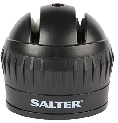 Salter BW11671B - Affilacoltelli manuale con ventosa sicura, coltelli affilati, uso domestico/chef, Twist & Lock, affilatura a 2 fasi, tungsteno, asta ceramica, compatta, facile da conservare, nero