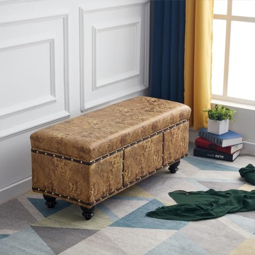 Shally Dogan Baúl de Almacenamiento de Interior con Asiento Acolchado, Revestimiento de Piel sintética, puf reposapiés para Dormitorio, salón, Banco Taburete 80 x 40 x 43 cm (Mostaza)