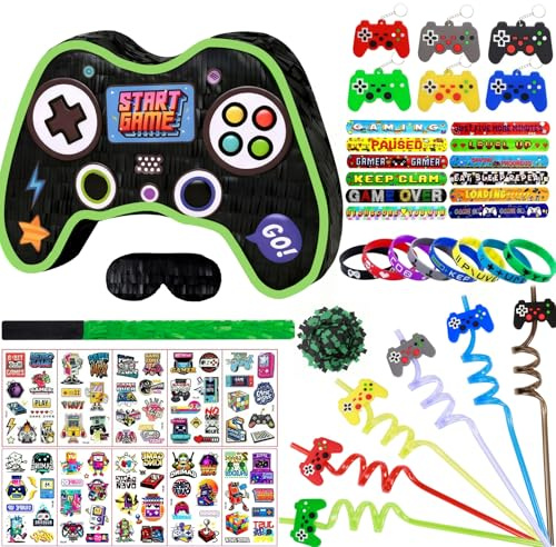 FIGEPO Video Game Pinata Set for Boy Kids Gamer Party with Controller Pinata, Straws, Bracelets, Stickers, Keychain, Confetti Tools for Party Decoration (Black)