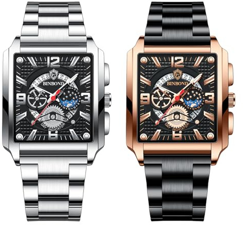 JewelryWe Coppia di Orologi Digitale Acciaio Inox Binario Rettangolo Bezel LED Sportivo Blu LED Luce Calendario Moda Cool Partner Orologio da Polso per Uomo Donna
