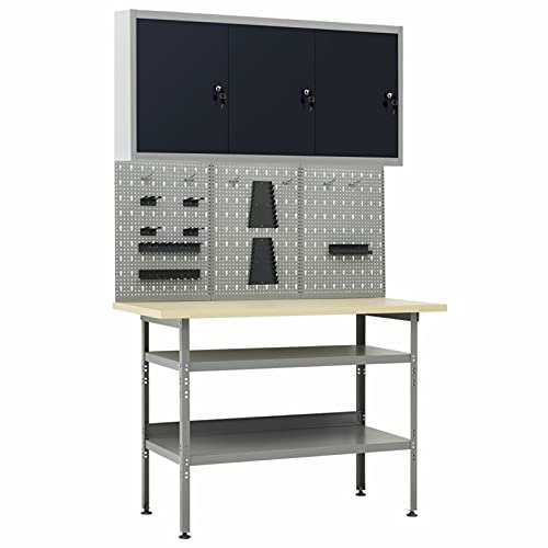 LAPOOH Arbetsbänk med 3 verktygsväggar och 1 väggskåp, arbetsbord, svetsbord, maskinställ, verktygsbänk