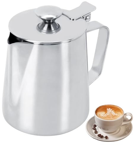 Hominas Jarra Leche Barista, 350 ml Jarra de Espuma de Leche Lechera Acero Inoxidable con Tapa, Jarra Espumadora Leche para Cappuccino, Latte y Espresso