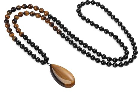 COAI Collana Perle Mala 108 Grani in Onice e Occhio di Tigre Annodate a Mano e Ciondolo Goccia di Occhio di Tigre, Collana Pietre Naturali Donna