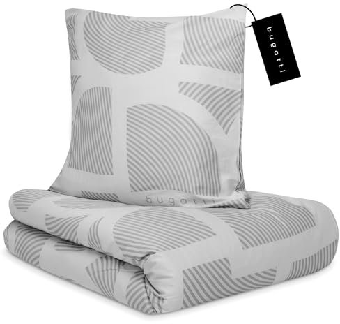 bugatti Bettwäsche 135x200 cm - 100% Baumwolle, Reißverschluss, anschmiegsam, weich & waschbar, Satinbettwäsche grau grafisches Muster