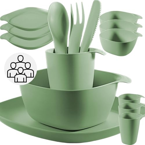 CALIPSO Set di stoviglie da campeggio per 4 persone, in plastica infrangibile, set di stoviglie da campeggio da 12 pezzi, per giardino, stoviglie in plastica, con piatti, ciotola, bicchieri e posate
