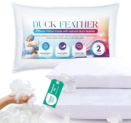 Sunshine Comforts Duck Feather Pillows (2 Pack) –1200GSM Luxury Bed Pillows for Sleeping (50X75cm), Soft for All Sleep Positions – Breathable, Washable & Hypoallergenic UK Standard Size