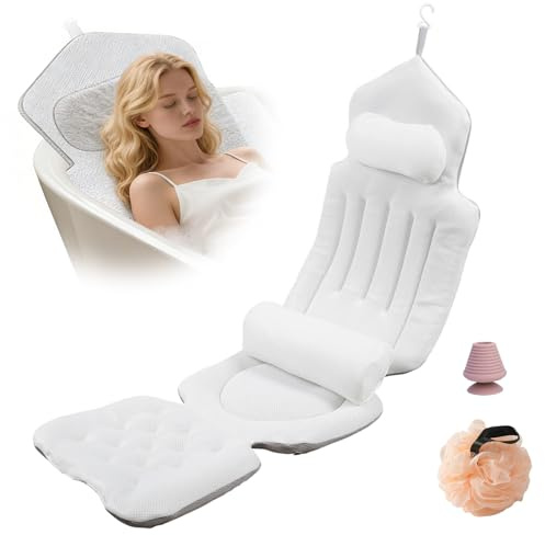 Cojín para Bañera de Cuerpo Entero 134x41cm, 4D Cojin Bañera con con reposacabezas para Cuello, Espalda y piernas, Almohada Bañera con Ventosas Antideslizante y Gancho, para en hoteles, baños de baño