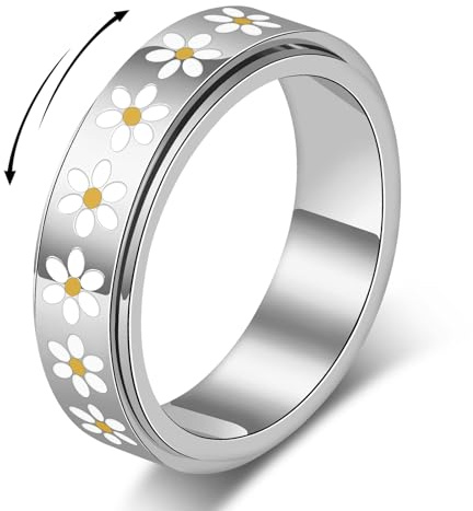 MIYUEFAN Ansiedad Anillos Giratorios Anillos para Mujer y Hombre, Margaritas Anillos de Rodillo de Acero Inoxidable Giratorio Inquieto Anillo para Antiestrés (Plata, 8)