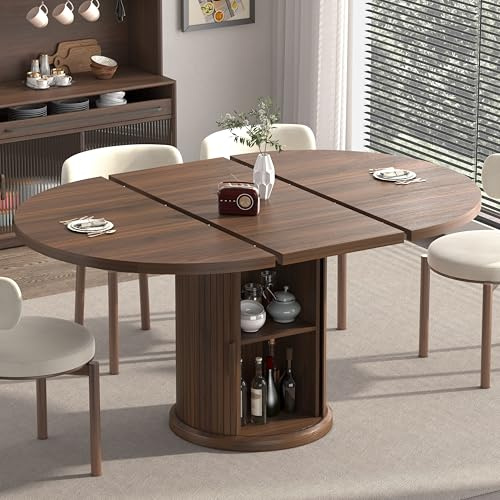 47.2–63 Extendable Dining Room Table for 4–8, Round‑to‑Oval Expandable Wood Table with Dust‑Proof 2‑Tier Storage Shelf, Space‑Saving Modern Farmhouse Centerpiece for Kitchen Living Room, Walnut
