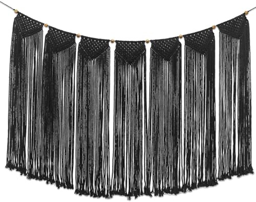 Flexzion makramé vägghängd bunting/banderoll gobeläng konst (47 tum svart bomullsgardin) handvävd bohemisk väggdekoration för Boho hem sovrum vardagsrum girlang baby barnkammare hippie rustik