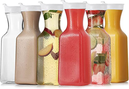 DilaBee Plastic Water Pitcher With Lid - Square Carafe Pitchers for Drinks, Milk, Smoothie, Iced Tea, Mimosa Bar Supplies - BPA-Free - NOT DISHWASHER SAFE (6-Pack, 32 Ounce)