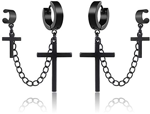 Cross Chain Earrings for Men Women Black Silver Stainless Steel Punk Rock Gothic Edgy Cool Goth Clip on Ear Cuff Wraps Drop Dangle Huggie Hoop Earrings Jewery for (Black)