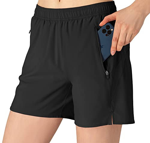donhobo Damen Sport Shorts Kurze Hose Schnell Trocknend Sporthose Leicht Laufshorts mit Reißverschlusstasche (Schwarz, M)