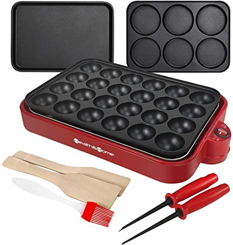 Health and Home Stampo da forno antiaderente multifunzione con 3 piastre intercambiabili per uova fritte, bistecca fritte, takoyaki, cake pop, grill Maker, RED-1