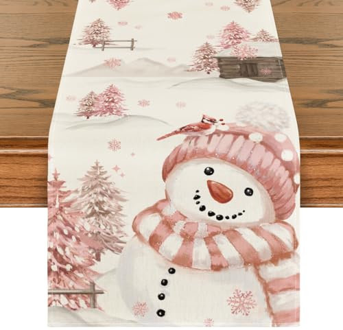 Artoid Mode Camino de mesa de Navidad con muñeco de nieve, color rosa, para invierno, cocina, decoración interior, vacaciones, fiesta, decoración, 40 x 140 cm