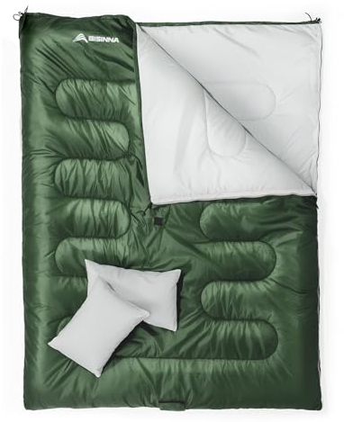 BISINNA Doppelschlafsack Deckenschlafsack Winterschlafsack Erwachsene für 2 Personen Winter mit 2 Kissen und Tragetasche, Angenehme Temperatur für Outdoor Camping 195 * 155cm (Grün)