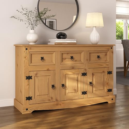 Corona Sideboard 3 Door 3 Drawer Mexican Style Solid Pine Wood Cupboard with Wax Finish Black Metal Hardware W 125 cm x D 40 cm x H 76 cm