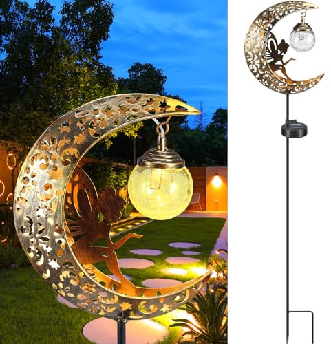 Lampe solaire lune pour extérieur, décoration de jardin pour extérieur, elfe, fée fleur, étanche, avec piquet de terre, lampe solaire d'extérieur pour extérieur, décoration de terrasse, pelouse,