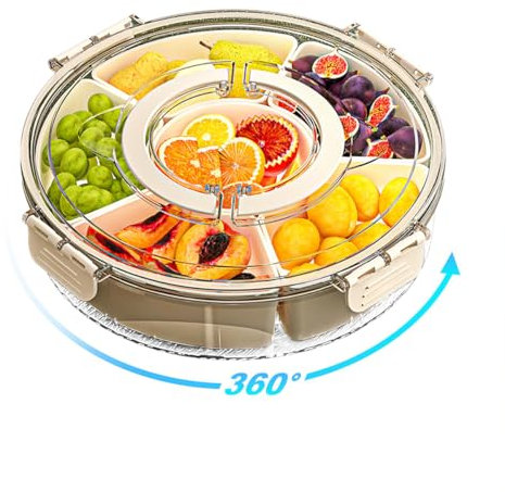 STORICANS Snack Tray Round Snack Box with 6 Compartments,11 Inchs Rotating Snackle Box Container, Portable Divided Serving Tray with Lid and Handle Movie Night Snack Tray for Fruit Veggie Salad Food