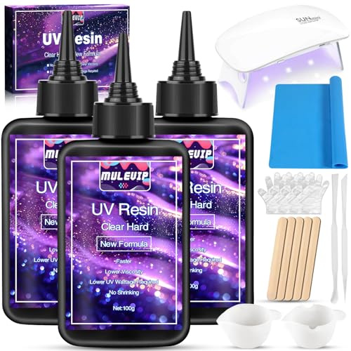 MULEVIP Resina UV 300g Trasparente Kit Con Lampada UV per Gioielli, Creazione Artigianale, Cuscinetto in Silicone e Bastoncino per Mescolare