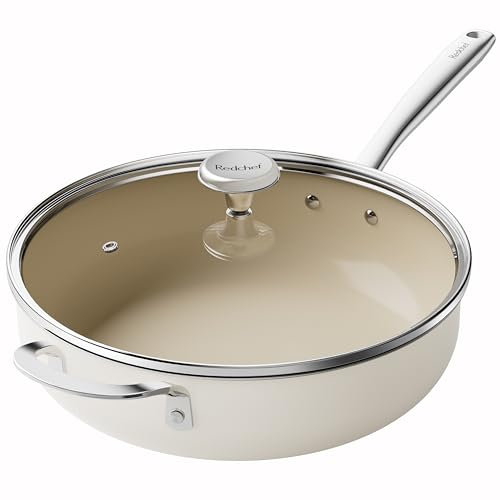 Redchef Bratpfanne Induktion 28cm, Pfanne mit Deckel Antihaft Beschichtung Keramikpfanne, Bratpfannen Keramik mit Edelstahlgriff, PTFE-frei PFOA-frei PFAS-frei, Backofenfest, Spülmaschinenfest Beige